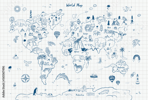 Animals world map line vector illustration.