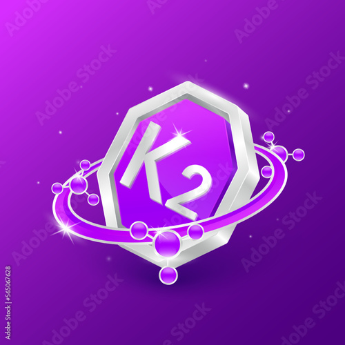 Logo label nutrition 3D silver. Vitamin K2 in octagon purple shape and atom orbit around. Used for products food design. Protect your body keep healthy. Medical concepts. Isolated Vector EPS10.