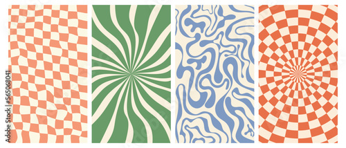 Set of groovy retro backgrounds. Vertical posters with swirl and checkered texture. Trendy vector backgrounds in retro psychedelic style