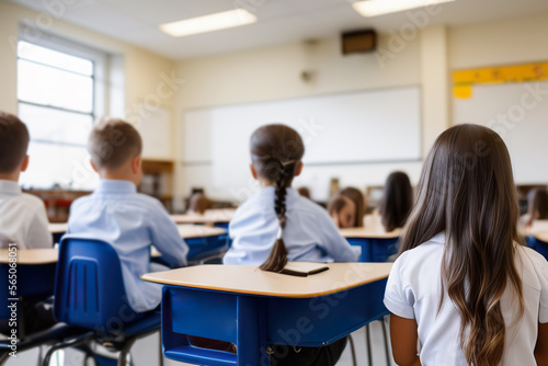 academic concept. Schoolboys sitting at the desk in the classroom. Group of diverse classmates studying in the background.