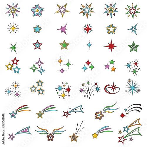 A set of cartoon colorful vector illustrations of stars isolated on a white background.