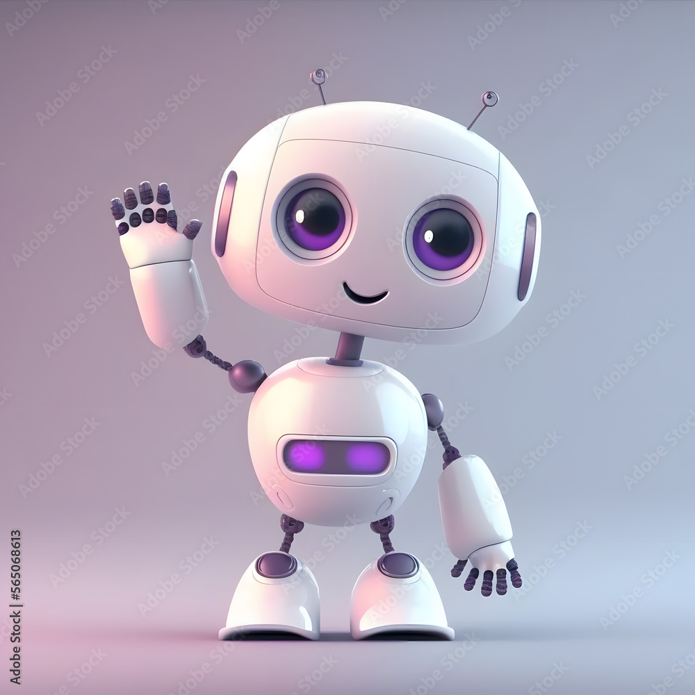 Friendly AI Chatbot Robot character waving, simple 3D blue background, Illustration generative ai Friendly AI Chatbot Robot character waving, simple 3D blue background, Illustration generative ai