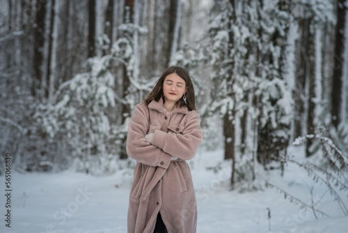 Portrait of a young beautiful long-haired girl in a gray fur coat made of artificial materials in a winter forest. © shymar27