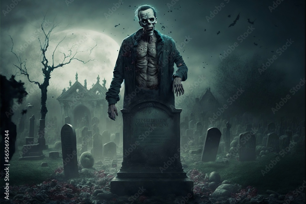 Zombie horror on graveyard among the graves at the night. Generative Ai Zombie horror on graveyard among the graves at the night. Generative Ai