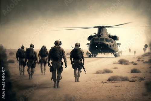 A group of soldiers walking across a desert with helicopter in background photo