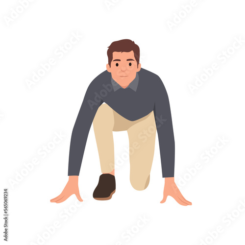 Young business man in the position of get set ready to go. Flat vector illustration isolated on white background