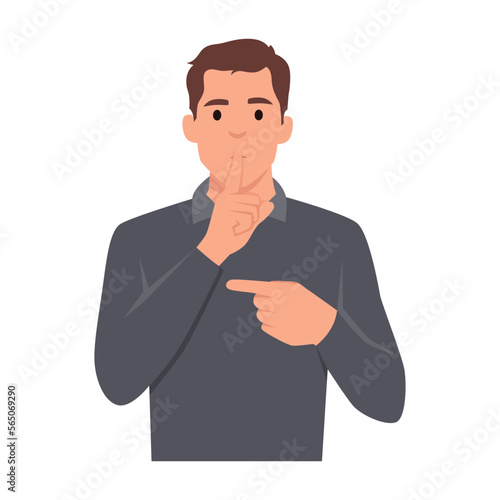 Young man Shh! Gesture is quieter. The concept of male secret. A man asks for silence and pointing to side. Flat vector illustration isolated on white background