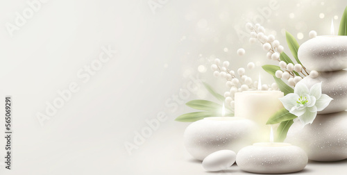 Spa still life composition banner, burning candle, white massage stones and white flower on light gray background. Copy space. Generative ai