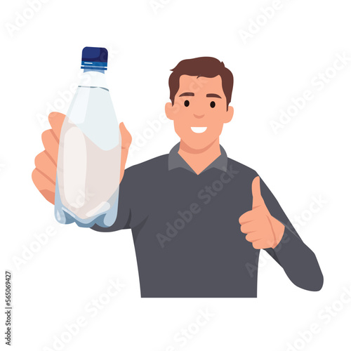 Healthy young man showing bottle of mineral water and give thumb up. Flat vector illustration isolated on white background