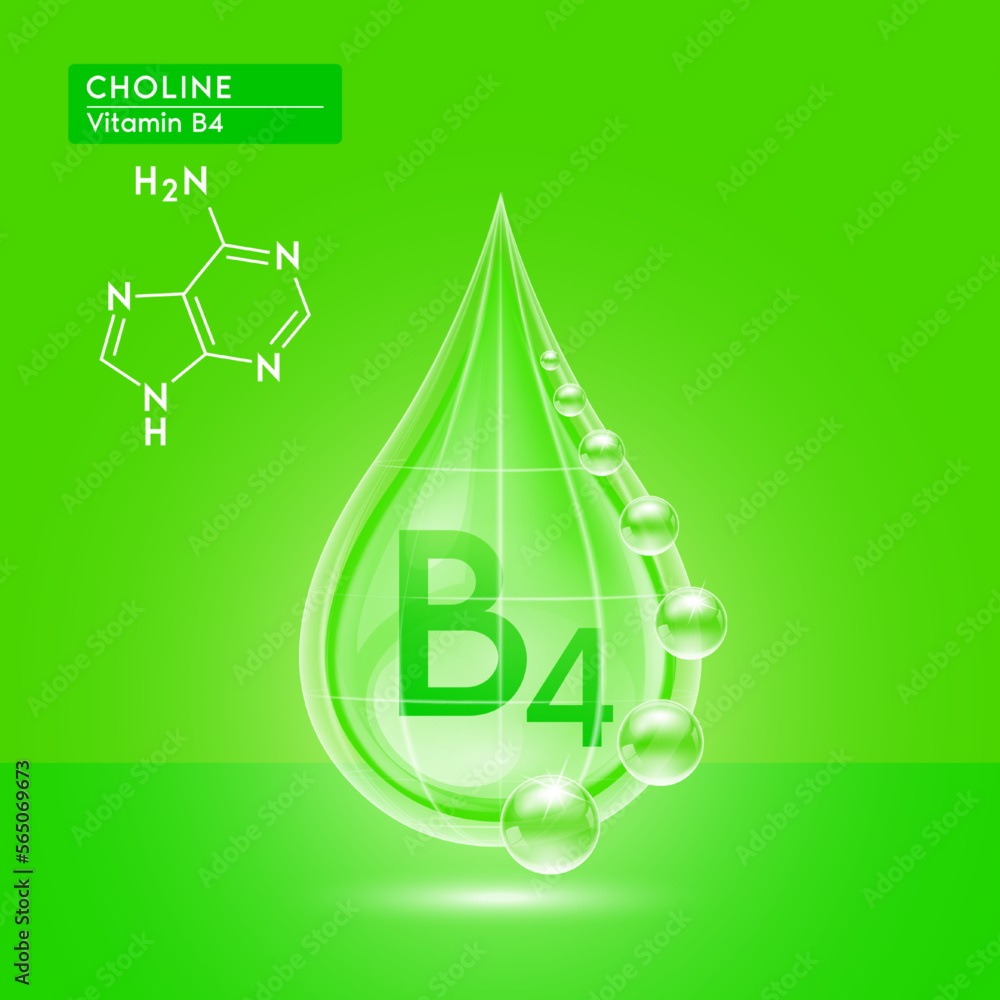Green shine vitamin B4 water drop with oxygen bubble net around and structure chemical formula. Choline beauty skin care. For the design of medical, food and drug products. 3D Realistic Vector. Green shine vitamin B4 water drop with oxygen bubble net around and structure chemical formula. Choline beauty skin care. For the design of medical, food and drug products. 3D Realistic Vector.
