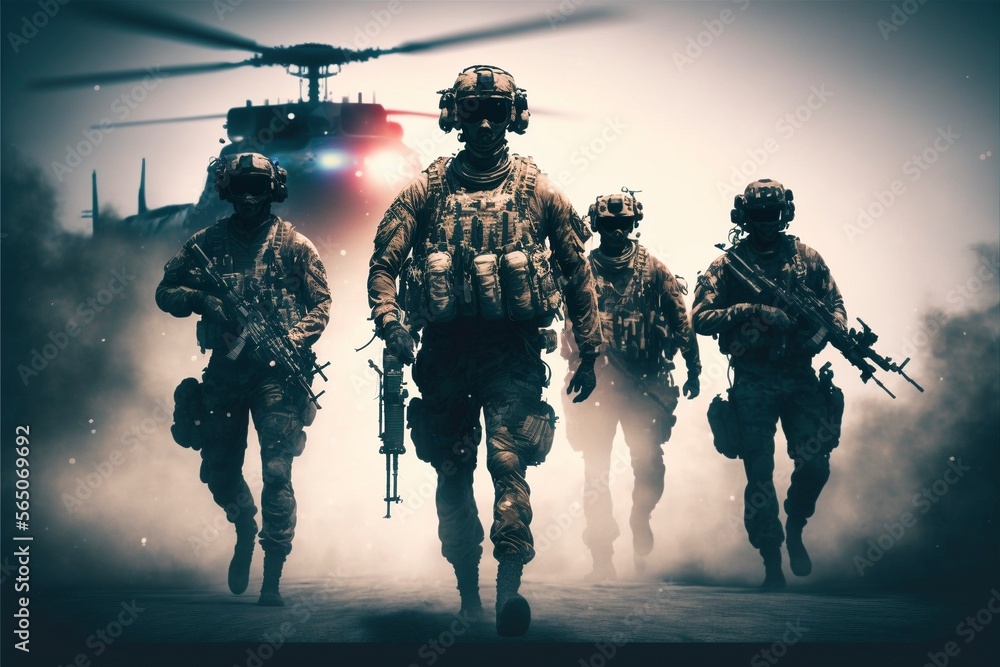 A group of soldiers walking across a desert with helicopter in background A group of soldiers walking across a desert with helicopter in background