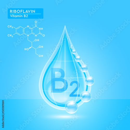 Blue shine vitamin B2 water drop with oxygen bubble net around and structure chemical formula. Riboflavin beauty skin care. For the design of medical, food and drug products. 3D Realistic Vector.