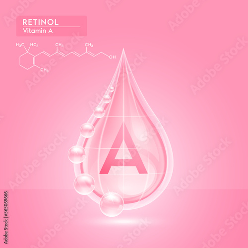 Pink shine vitamin A water drop with oxygen bubble net around and structure chemical formula. Retinol beauty skin care. For the design of medical, food and drug products. 3D Realistic Vector.