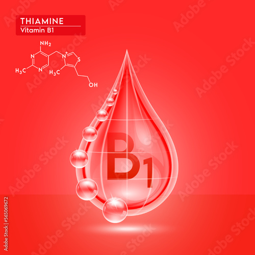 Red shine vitamin B1 water drop with oxygen bubble net around and structure chemical formula. Thiamine beauty skin care. For the design of medical, food and drug products. 3D Realistic Vector.