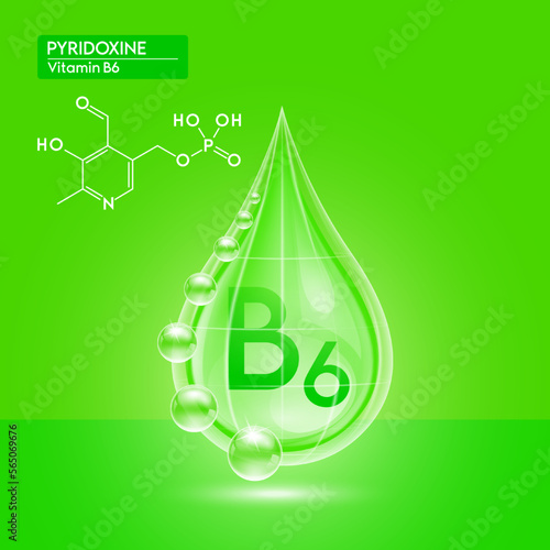 Green shine vitamin B6 water drop with oxygen bubble net around and structure chemical formula. Pyridoxine beauty skin care. For the design of medical, food and drug products. 3D Realistic Vector.