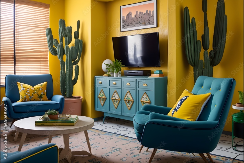Yellow glow Mid-Century Oasis This Retro living room with TV is a vibrant space with a retro ...