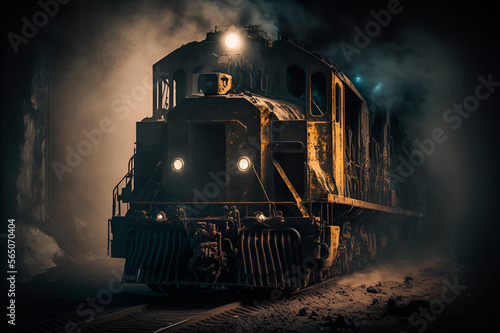 Diesel locomotive in a coal mine underground. Mineral resources for transportation.