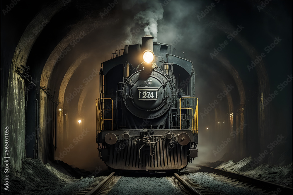 Steam locomotive in a coal mine underground. Mineral resources for transportation. - obrazy, fototapety, plakaty 