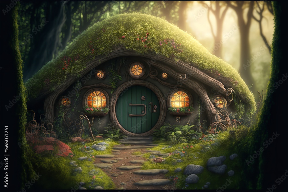 Hobbit house with overgrown roof in fantasy forest, Generative AI. - obrazy, fototapety, plakaty 