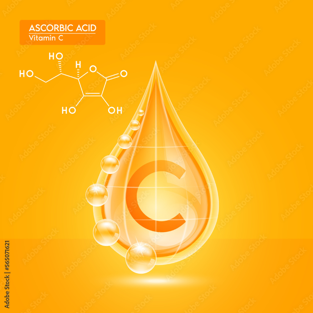 Orange shine vitamin C water drop with oxygen bubble net around and