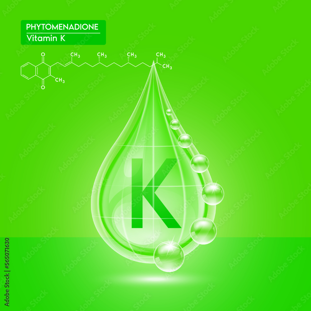 Green shine vitamin K water drop with oxygen bubble net around and