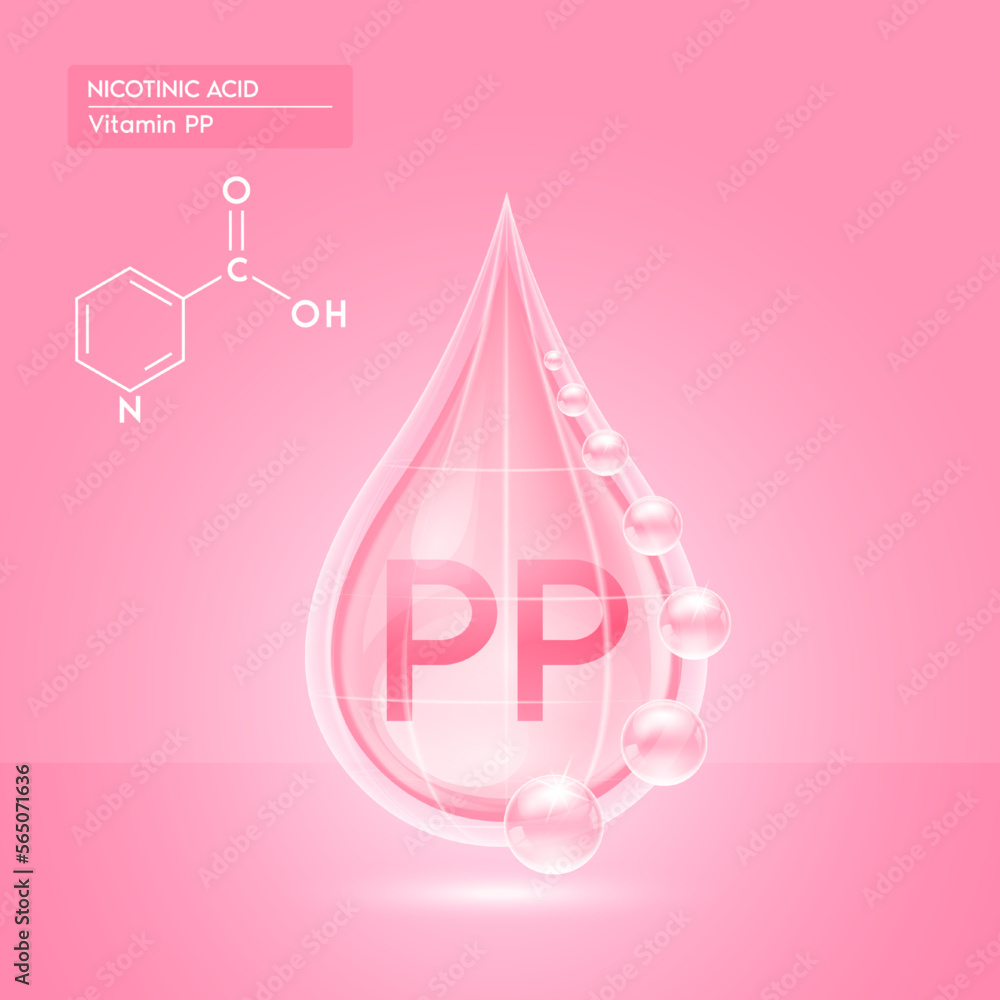 Pink shine vitamin PP water drop with oxygen bubble net around and ...