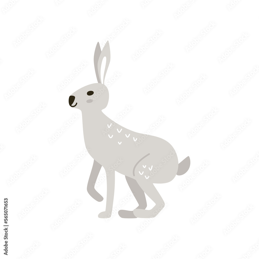 Cute cartoon isolated gray rabbits in Nordic style. Vector hand-drawn animals for nursery on red background. Cute cartoon isolated gray rabbits in Nordic style. Vector hand-drawn animals for nursery on red background.