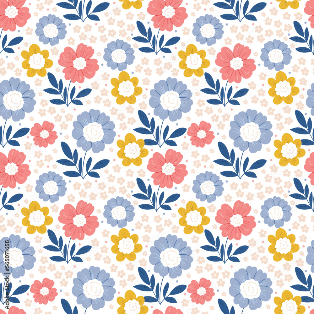 Seamless floral pattern with pink flowers and leaves on a blue background. Hand drawn style.Colored flat vector illustration. Repeating texture design. Seamless floral pattern with pink flowers and leaves on a blue background. Hand drawn style.Colored flat vector illustration. Repeating texture design.
