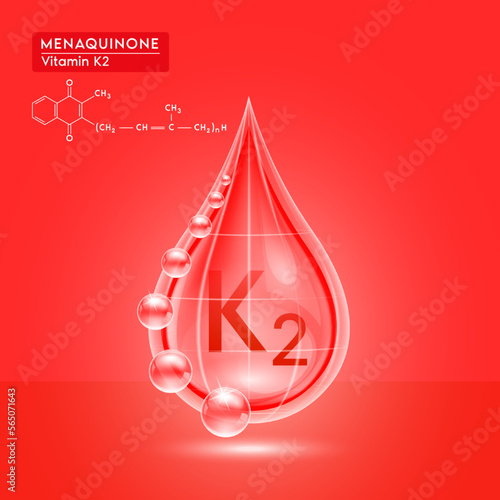 Red shine vitamin K2 water drop with oxygen bubble net around. Menaquinone beauty skin care. For the design of medical, food and drug products. 3D Realistic Vector.