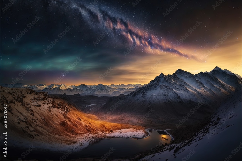 Nepal's landscape with beautiful northern light at golden hour, AI-Generated