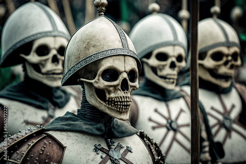 Medieval army of undead. Skeletons in armor. Generative AI Medieval army of undead. Skeletons in armor. Generative AI
