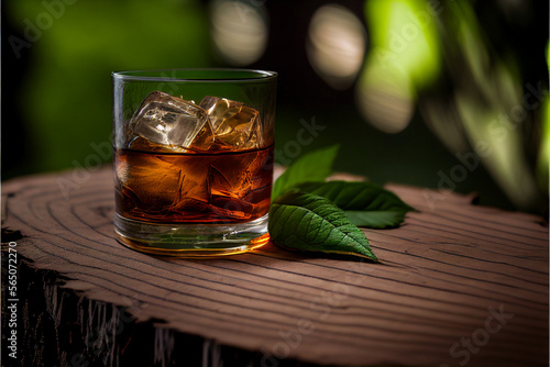 A close-up of a glass of whiskey with a few ice cubes, arranged on a wooden table, surrounded by a background of green leaves. Generative AI