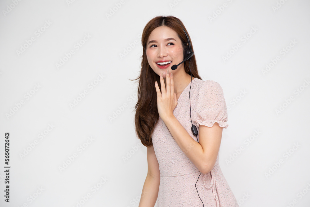 Young Asian woman call center with headsets isolated over white background, Telemarketing sales or Customer service operators concept Young Asian woman call center with headsets isolated over white background, Telemarketing sales or Customer service operators concept