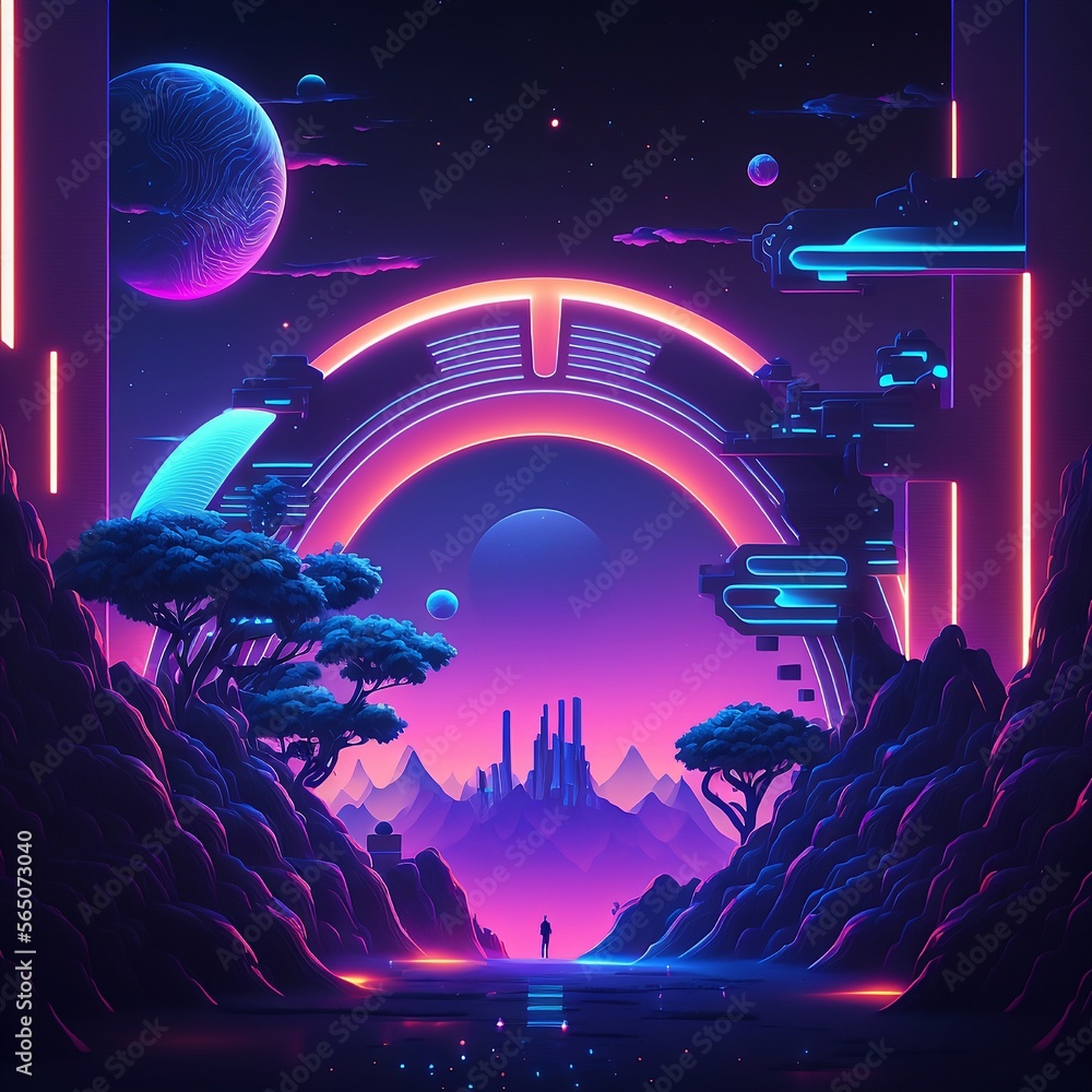Neon cyberpunk landscape showing futuristic technologies, nature, night ...