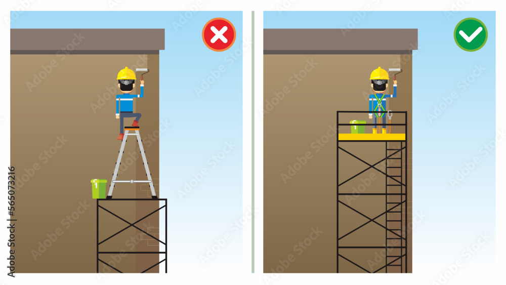 Workplace safety do and do not illustration. Working at height using ladder and scaffolding