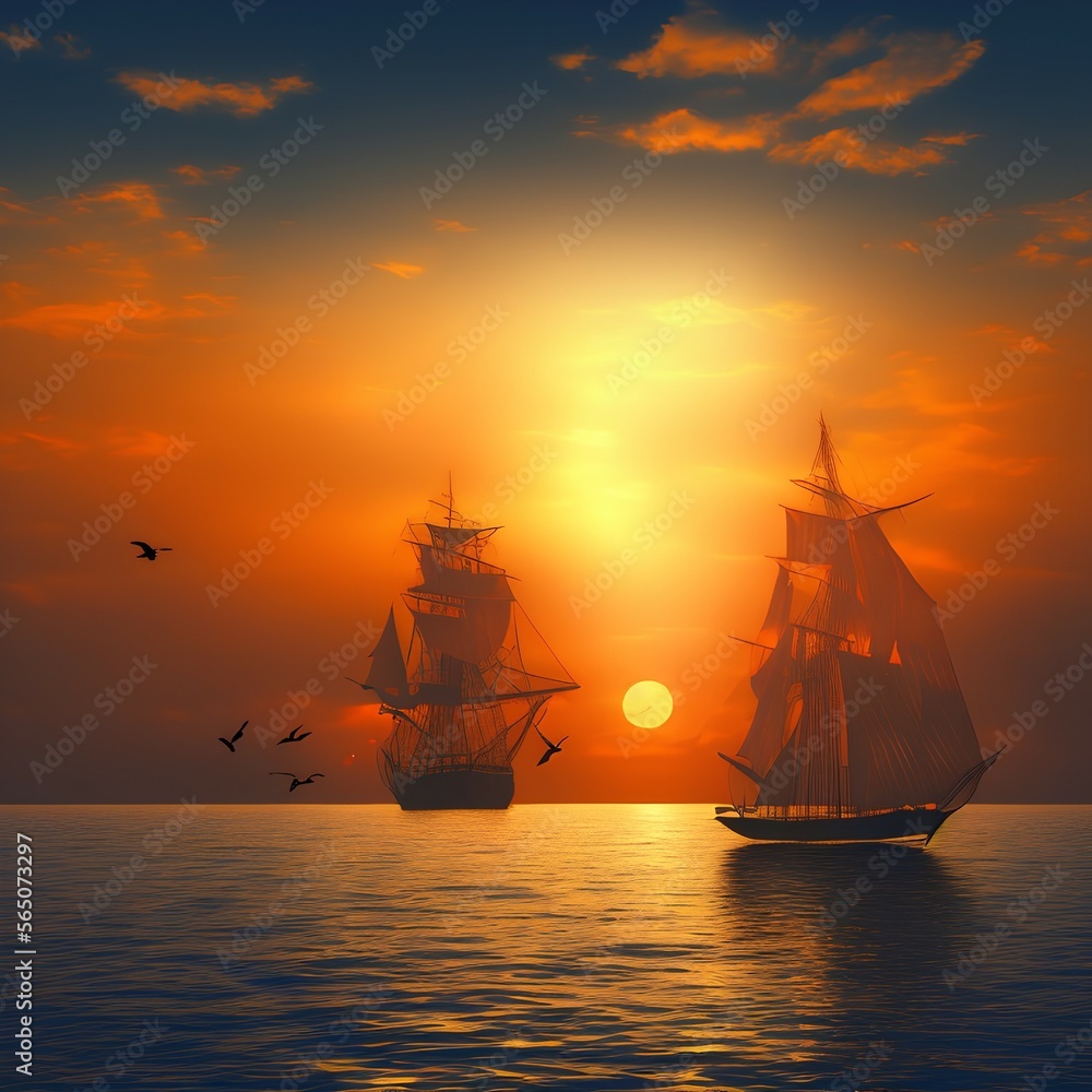 A boat silhouette is floating on a calm sea and seagulls are flying on twilight sky with sunset sun background - generative ai