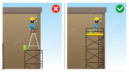 Workplace safety do and do not illustration. Working at height using ladder and scaffolding. Worker stand on the uppermost. Unsafe behavior safety and condition.