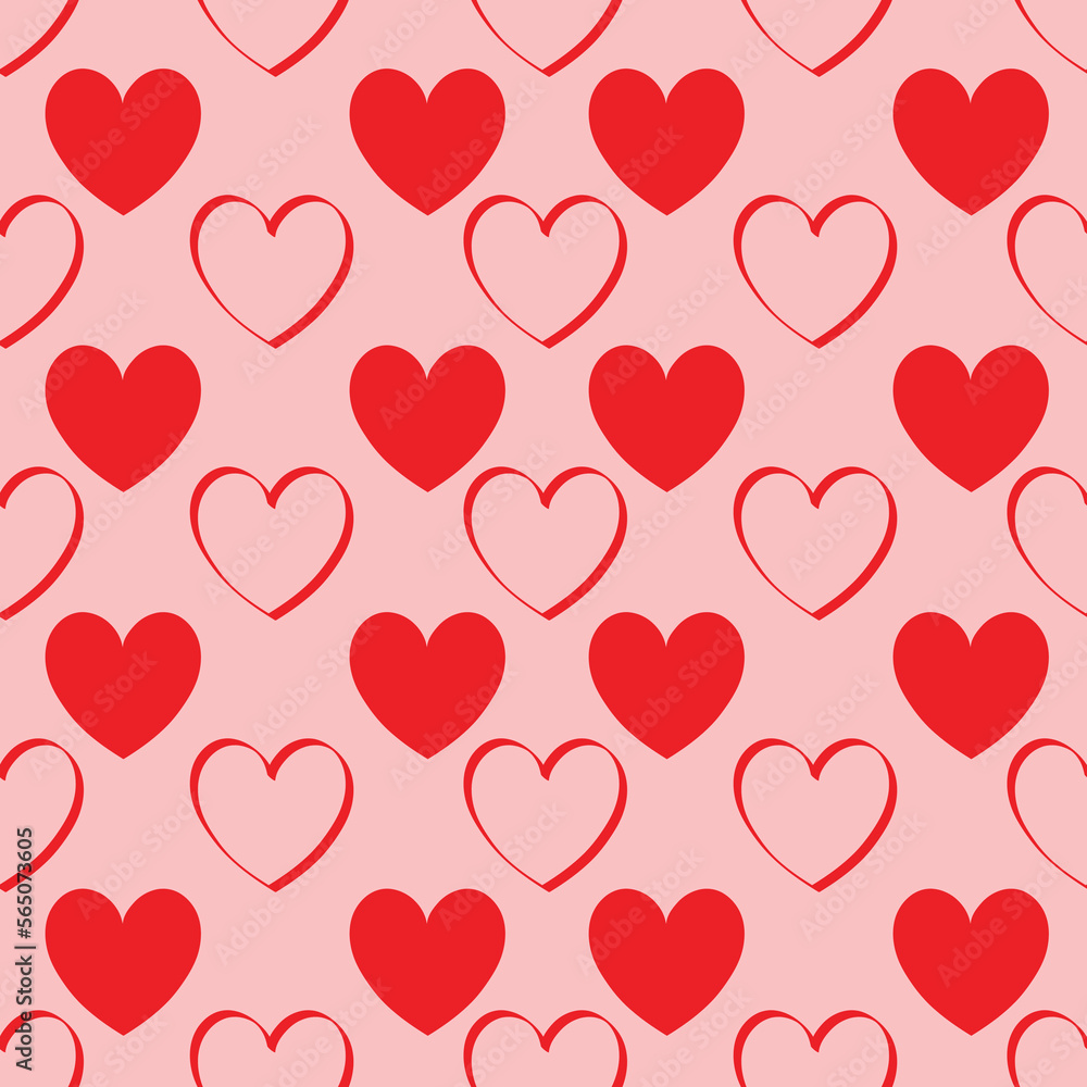 Drawn Heart cute Seamless pattern, love design on red background, Valentine's day Texture