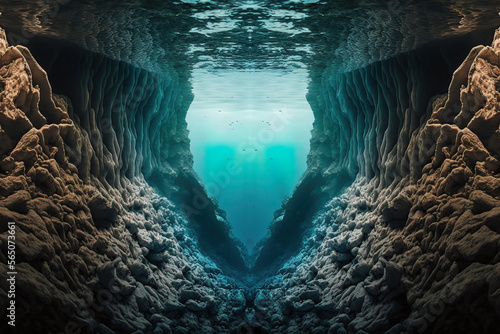 Seascape  gorge flooded with water. Sea wave. Underwater cave at the bottom of the ocean. AI