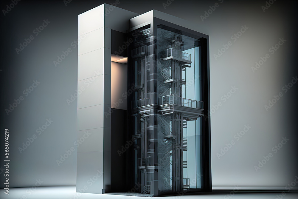Hi-tech architecture, high-rise concrete building with a glass elevator. AI Hi-tech architecture, high-rise concrete building with a glass elevator. AI