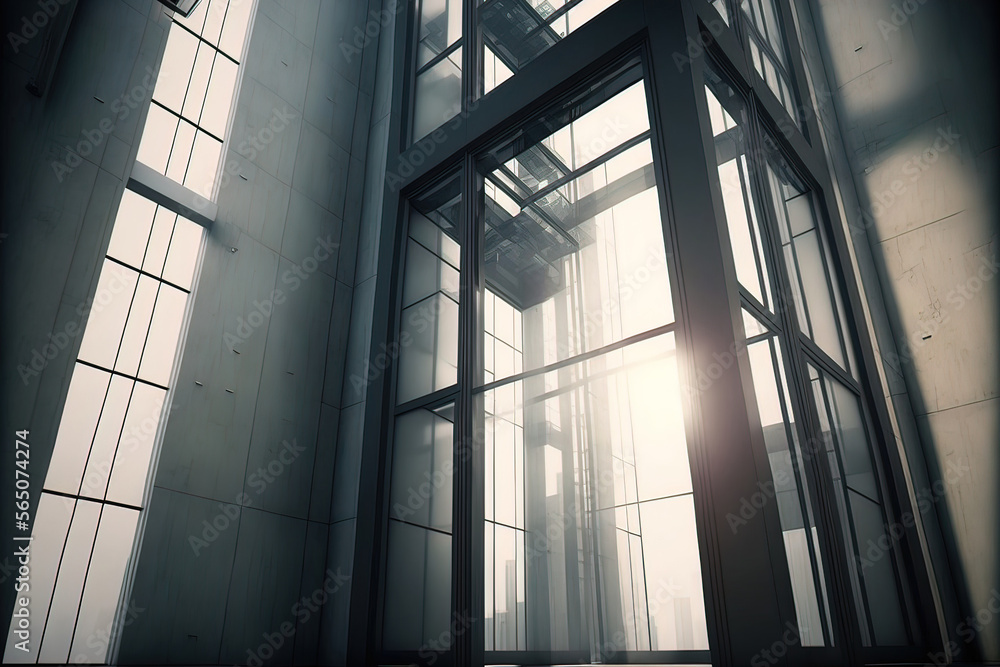 Hi-tech architecture, high-rise concrete building with a glass elevator. AI