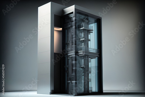 Hi-tech architecture, high-rise concrete building with a glass elevator. AI