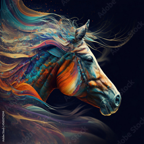 Bohemian Stallion: A Running Horse Head with Psychedelic Color Swirls Background