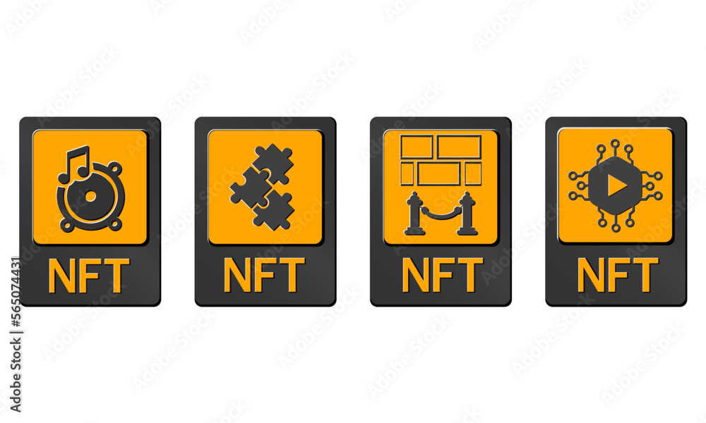 3D NFT token cards in cryptography. NFT cards with game, music, video and art. A non-fungible token with information from the blockchain. ERC20. vector 3D NFT token cards in cryptography. NFT cards with game, music, video and art. A non-fungible token with information from the blockchain. ERC20. vector
