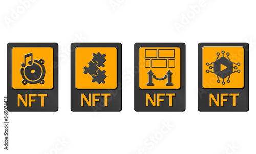 3D NFT token cards in cryptography. NFT cards with game, music, video and art. A non-fungible token with information from the blockchain. ERC20. vector