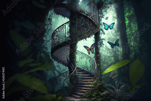 Tropical forest and stairs in the center. Forest fantasy landscape. AI © MiaStendal