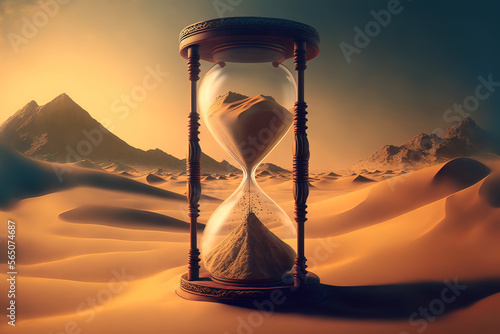 Hourglass on the background of a desert landscape. AI