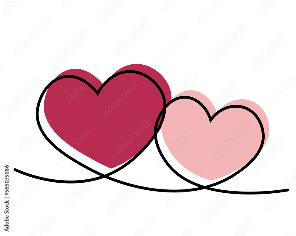Two hearts drawn together with one line in color Two hearts drawn together with one line in color