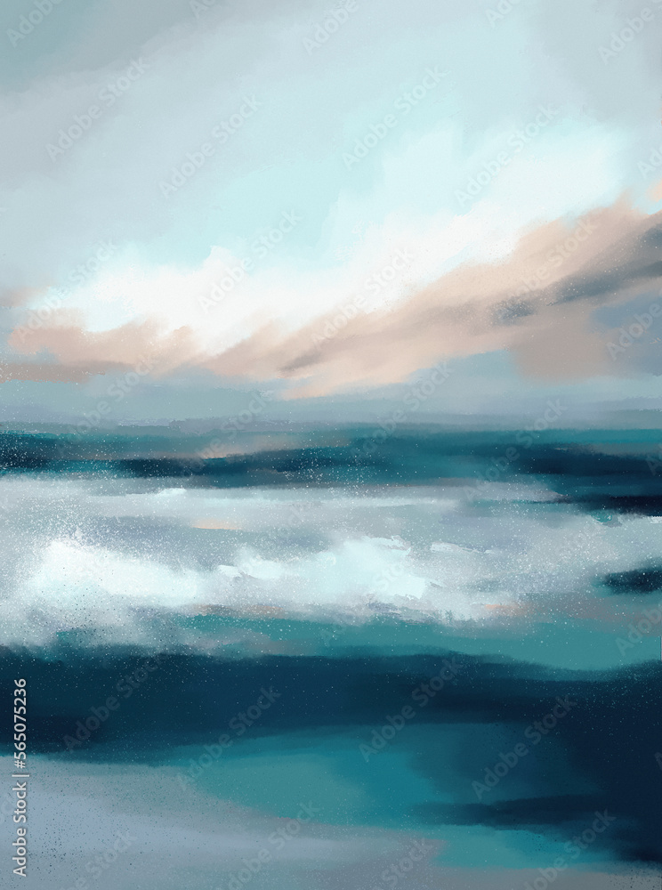 A digital seascape painting of crashing waves in the ocean - obrazy, fototapety, plakaty 