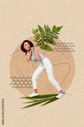 Composite collage image of woman carry hold fern branch nature forest plant green leaf environment friendly surrealism template metaphor photo